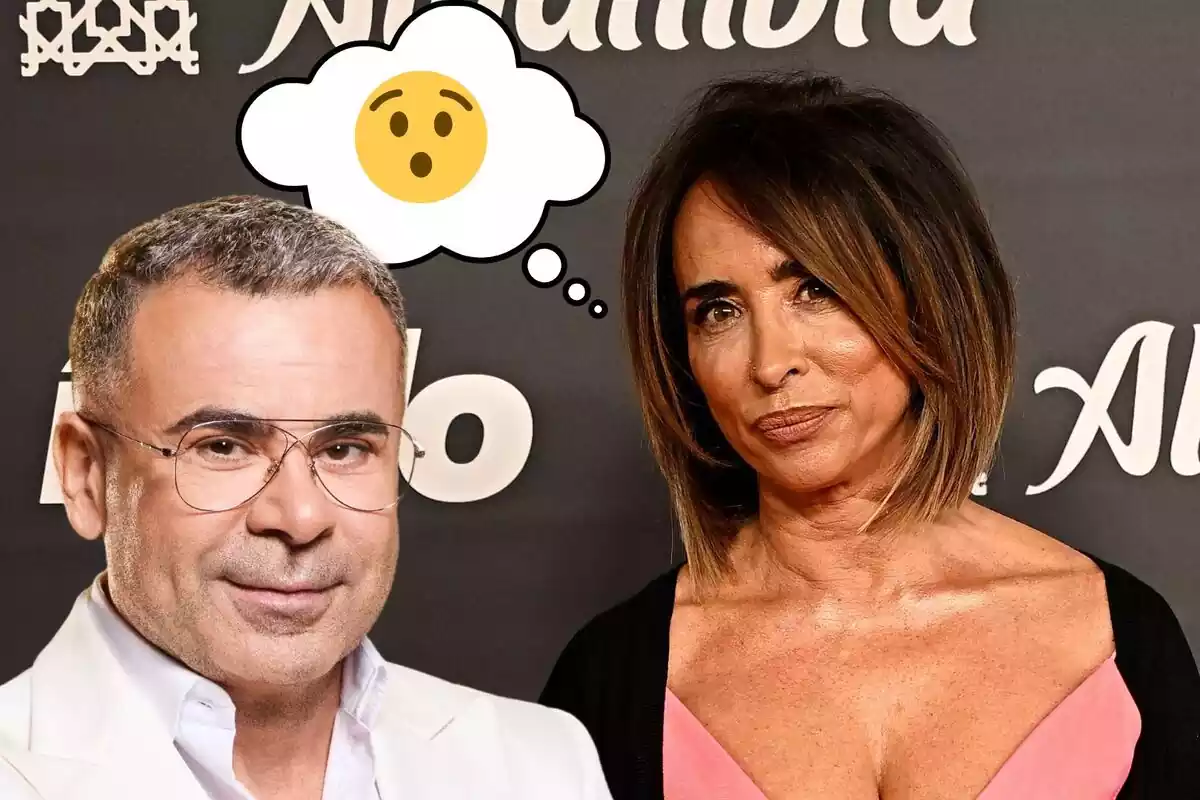 Muntatge de María Patiño somrient, Jorge Javier Vázquez somrient amb una americana blanca i un pensament amb un emoji de sorpresa