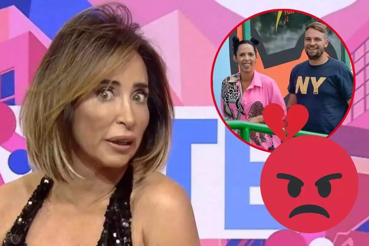 Muntatge de María Patiño seriosa amb tirants negres, Paola Olmedo somrient amb una camisa rosa amb José María Almoguera somrient amb una samarreta blava, un cor trencat i un emoji enfadat