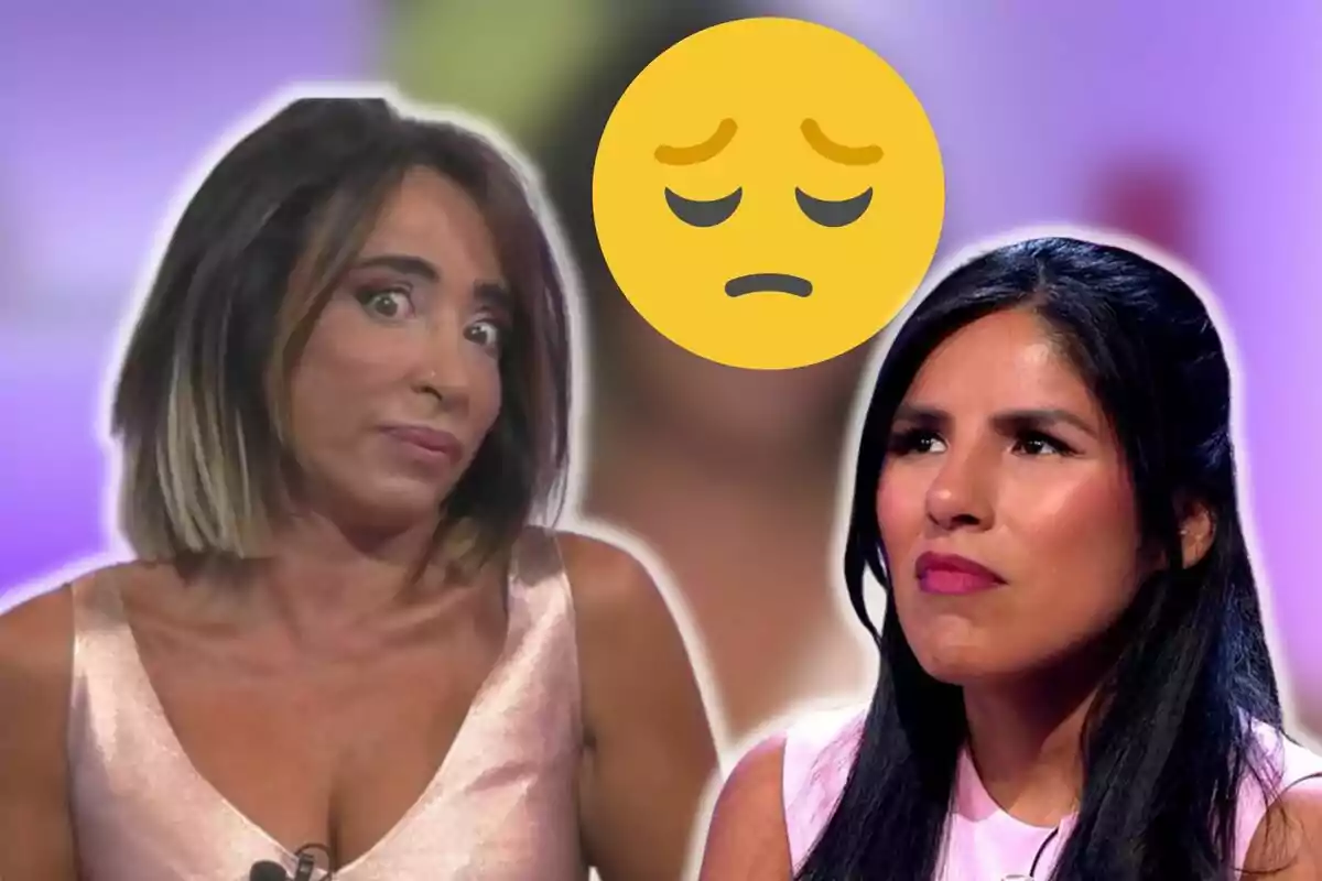 María Patiño i Isa Pantoja amb expressions facials de sorpresa i preocupació, amb un emoji de cara trist al centre.