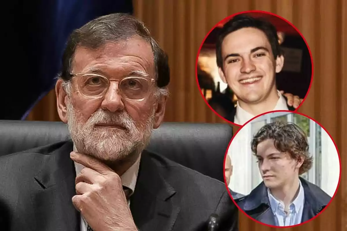 Mariano Rajoy with a beard and glasses is sitting thoughtfully while looking ahead; in the top right corner, there are two circular images of Juan Rajoy and Mariano Rahoy Jr smiling.