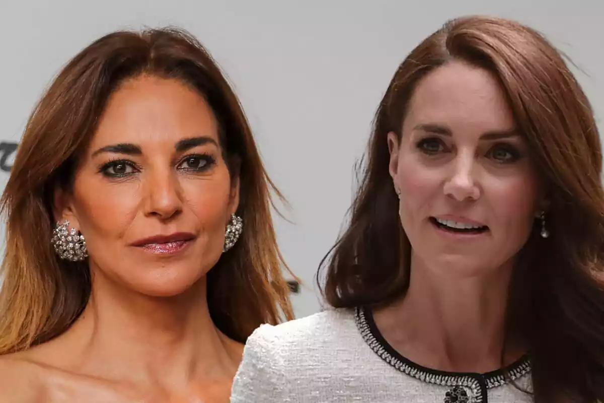 Muntatge en primer pla de Mariló Montero seriosa amb unes arracades de diamants i Kate Middleton amb rostre neutre amb una jaqueta blanca i negra