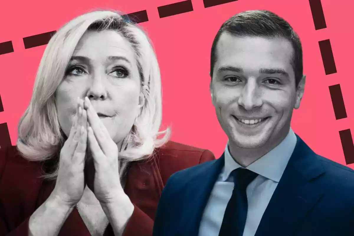 Marine Le Pen i Jordan Bardella, davant d'un fons rosa amb línies negres.