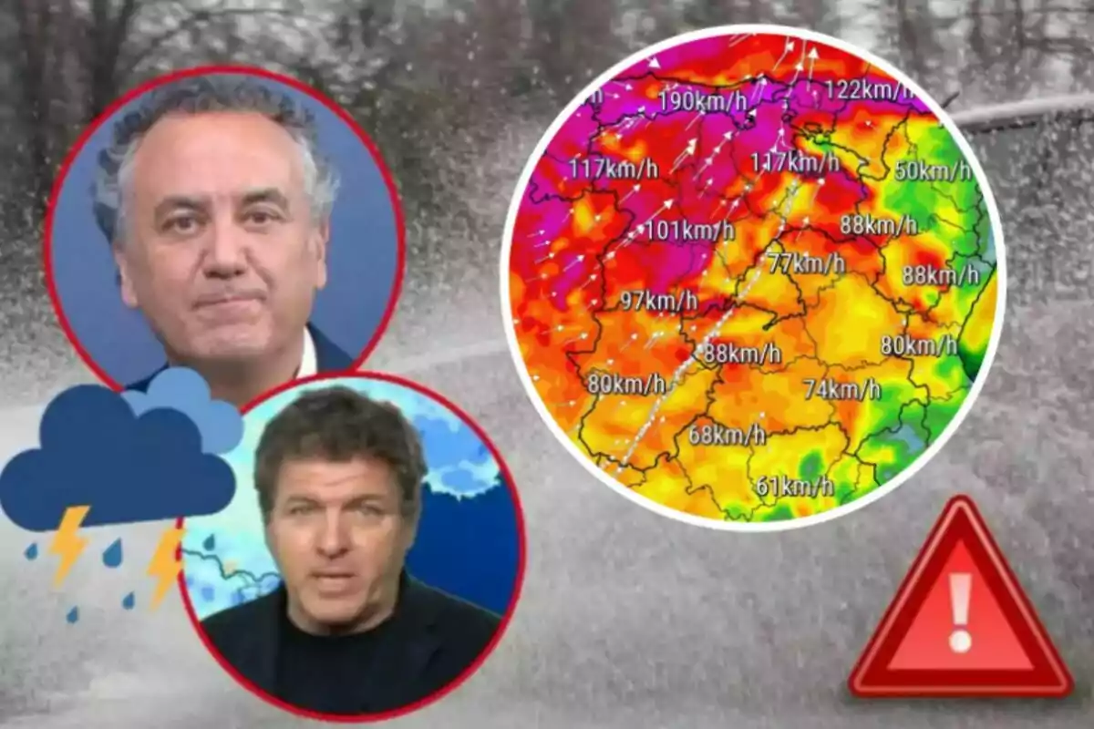 Dos homes en cercles vermells sobre un fons de tempesta amb un mapa meteorològic que mostra velocitats de vent en colors càlids i una icona d'advertència triangular.