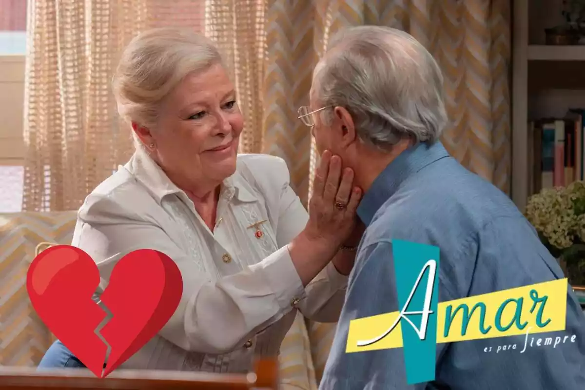 Muntatge d''Amar es para siempre' amb Marisa agafant la cara de Pelayo, el logotip de la sèrie i un cor trencat
