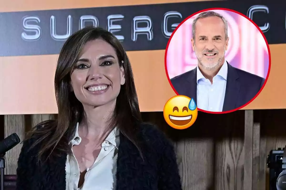 Muntatge de Marta Flich somrient a càmera vestida de carrer i una retallada de la cara de Santi Acosta a la televisió al costat d'un emoji de vergonya