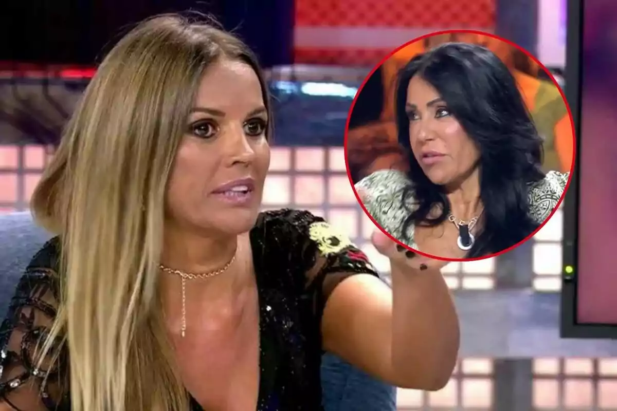 Marta López parlant apassionadament en un programa de televisió amb la imatge de Maite Galdeano morena en un cercle vermell a la cantonada superior dreta.