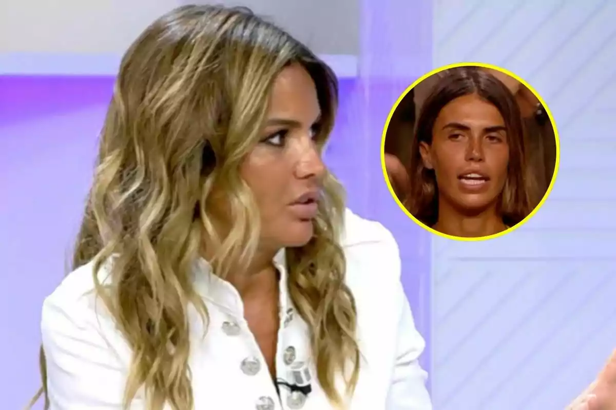 Montaje de Marta López con cabello ondulado y rubio hablando en el plató de Vamos a ver, con un recuadro circular amarillo que muestra a Sofía Suescun de cabello lacio y oscuro en Supervivientes