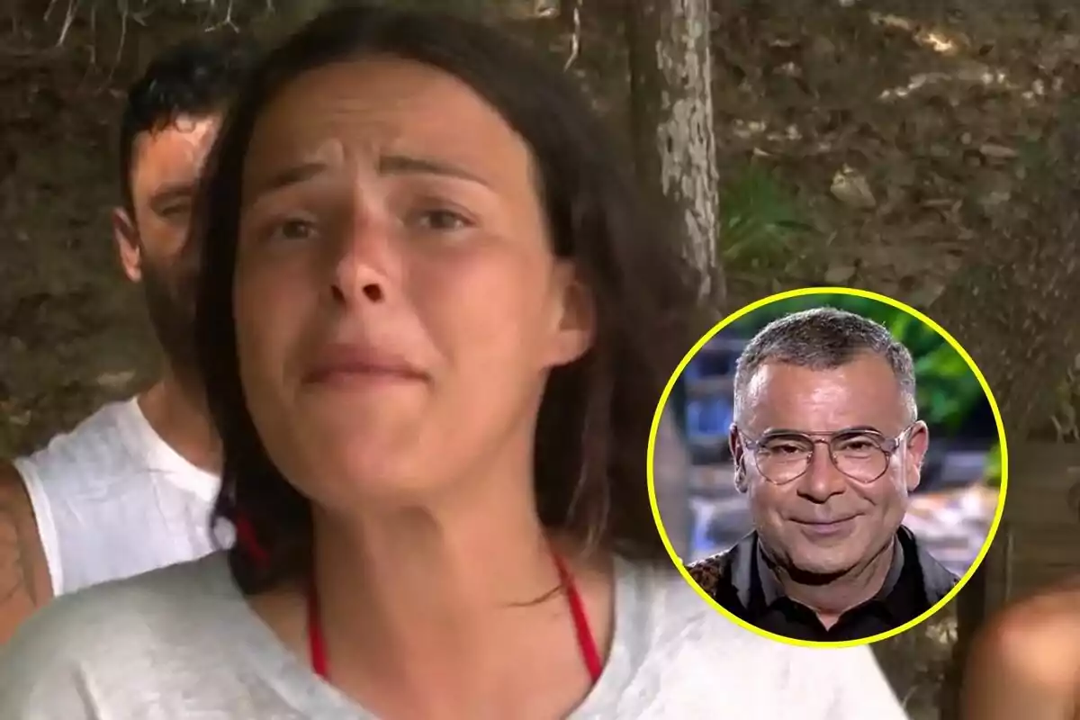 Montaje de Marta Peñate emocionado en la isla de Supervivientes con una fotografía de Jorge Javier Vázquez en el plató de Supervivientes