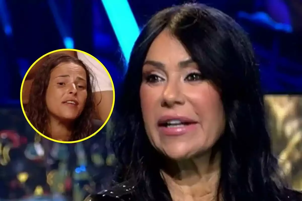 Montaje de Maite Galdeano en el plató de Supervivientes con el cabello oscuro aparece en primer plano, mientras que en un recuadro circular amarillo se muestra a Marta Peñate en la palapa con el cabello mojado y expresión seria.