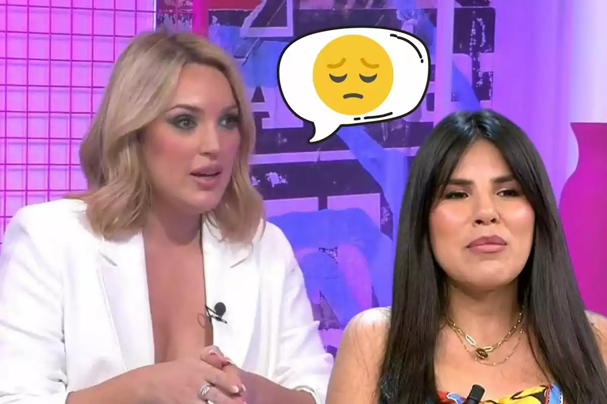 Marta Riesco i Isa Pantoja en un programa de televisió amb un emoji de cara trist en un globus de diàleg.