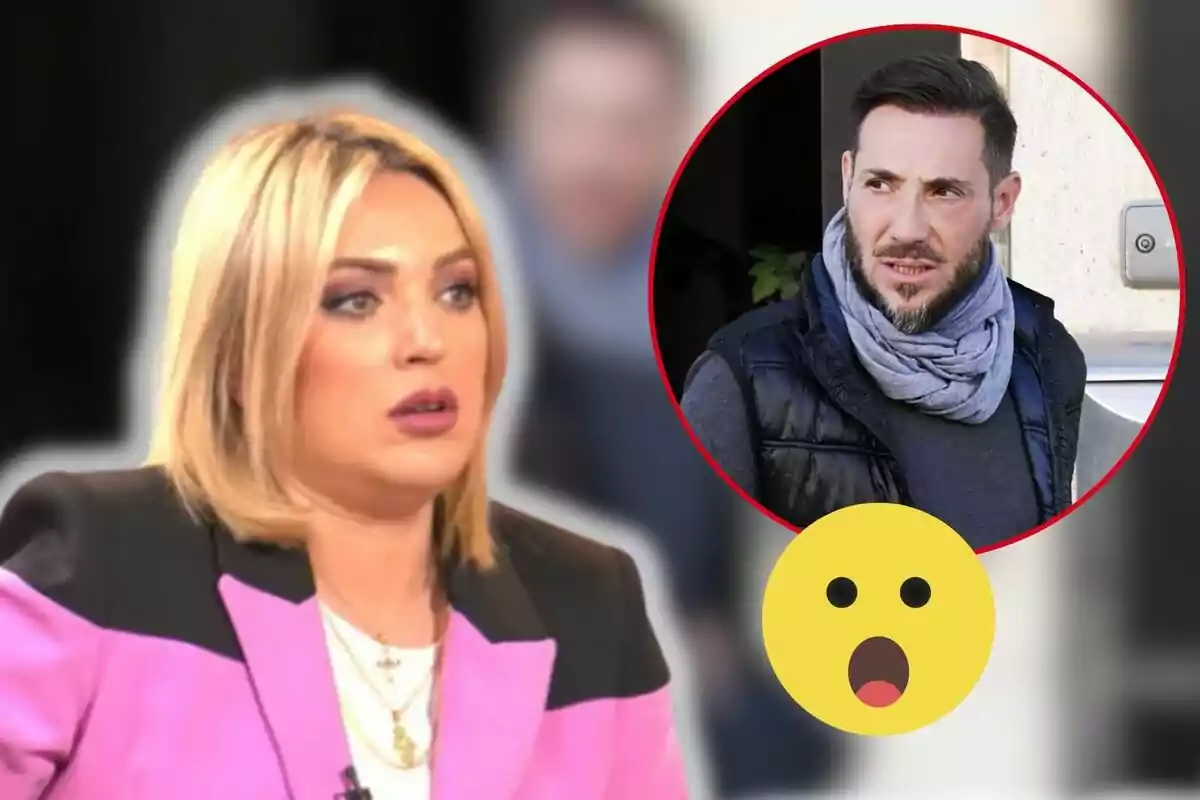 Marta Riesco y chaqueta rosa aparece en primer plano, mientras que en un círculo rojo al fondo se muestra a Antonio David Flores y bufanda gris, junto a un emoji de sorpresa.