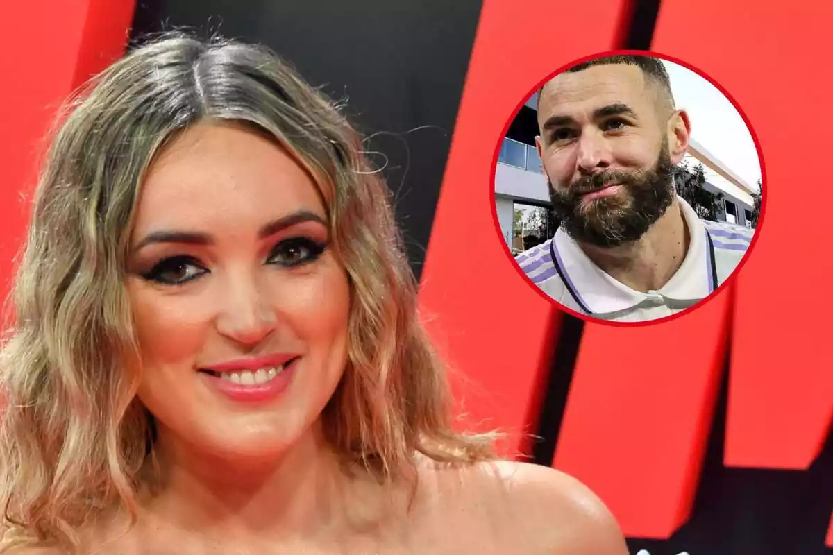 Muntatge d'un primer pla de Marta Riesco somrient en un esdeveniment i Karim Benzema rient