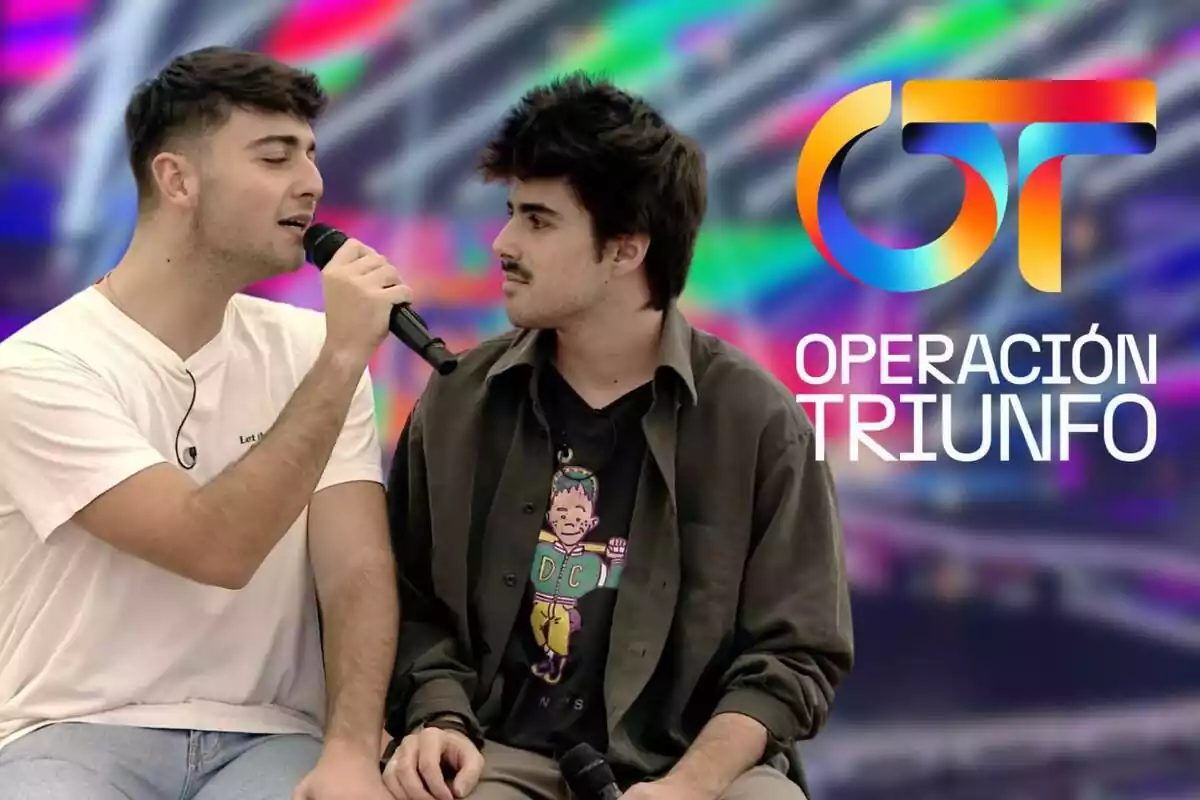 Muntatge del plató d''OT' al fons, Martín i Juanjo cantant mirant-se i el logotip del programa