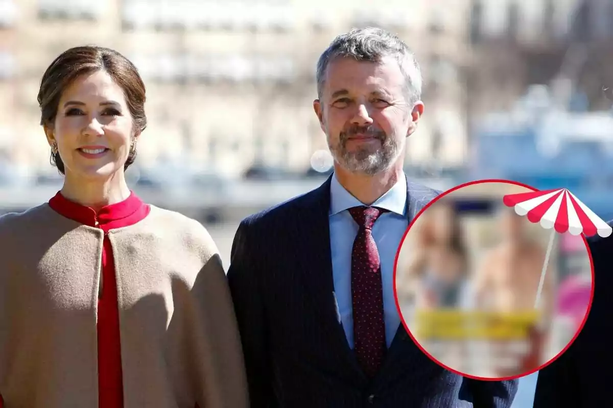 Mary Donaldson i Federico de Dinamarca posen junts a l'aire lliure, tots dos somrients i ben vestits; a la cantonada inferior dreta de la imatge hi ha un cercle amb una foto borrosa i una icona de para-sol.