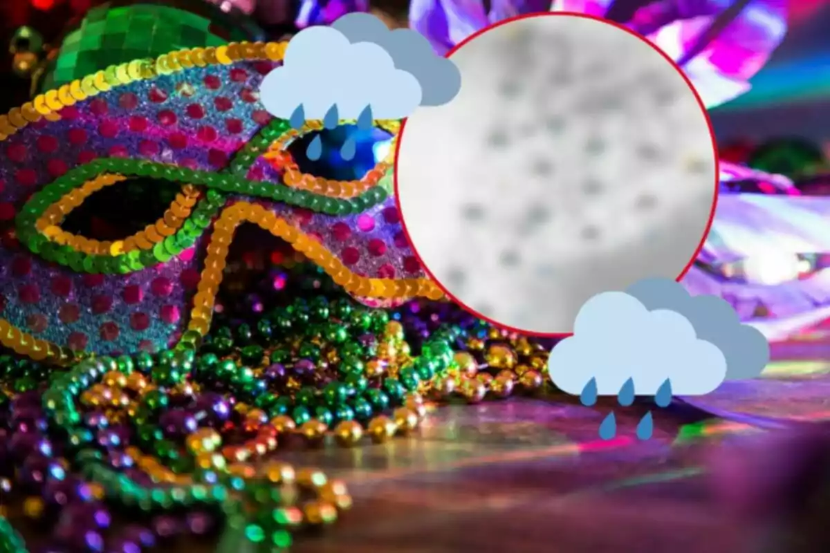 Máscara de carnaval decorada con lentejuelas y cuentas de colores, acompañada de ilustraciones de nubes con lluvia.