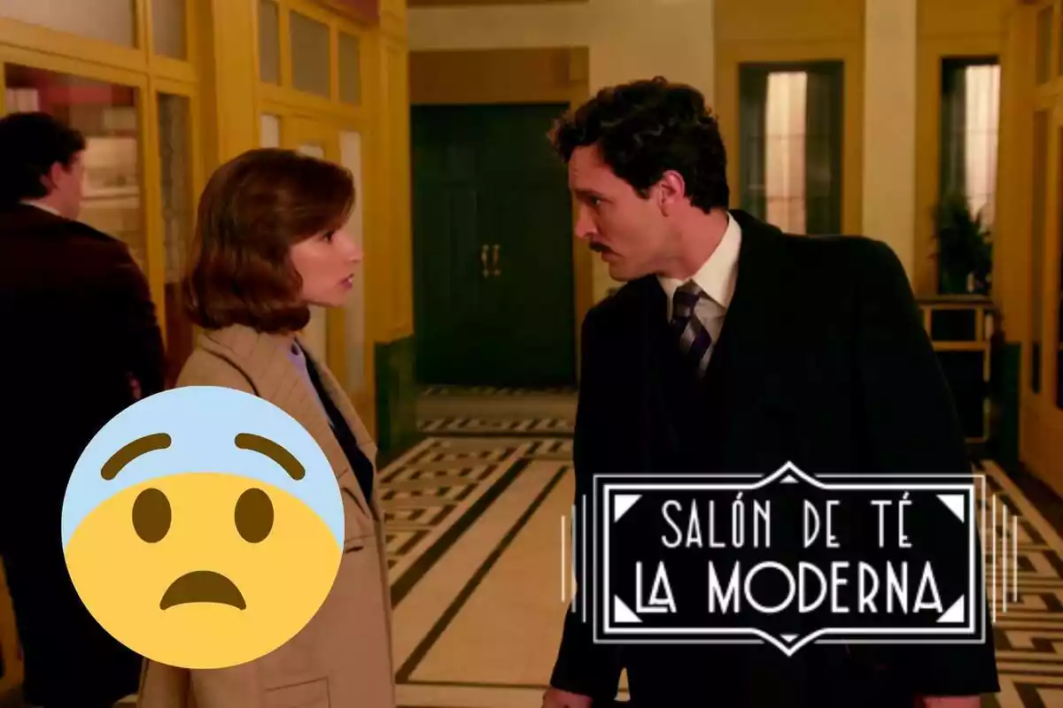 Muntatge amb Matilde i Íñigo de 'La Moderna' parlant, el logotip de la sèrie i un emoji de por