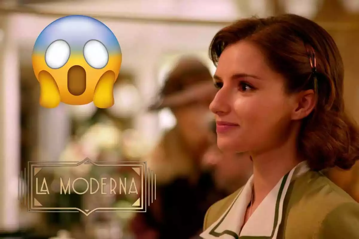 Muntatge de 'La Moderna' amb Matilde de perfil somrient, el logotip de la sèrie i un emoji de sorpresa
