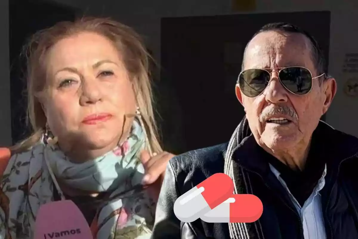 Muntatge de Mayte Zaldívar seriosa amb un mocador al coll, Julián Muñoz seriós amb ulleres de sol i dues pastilles