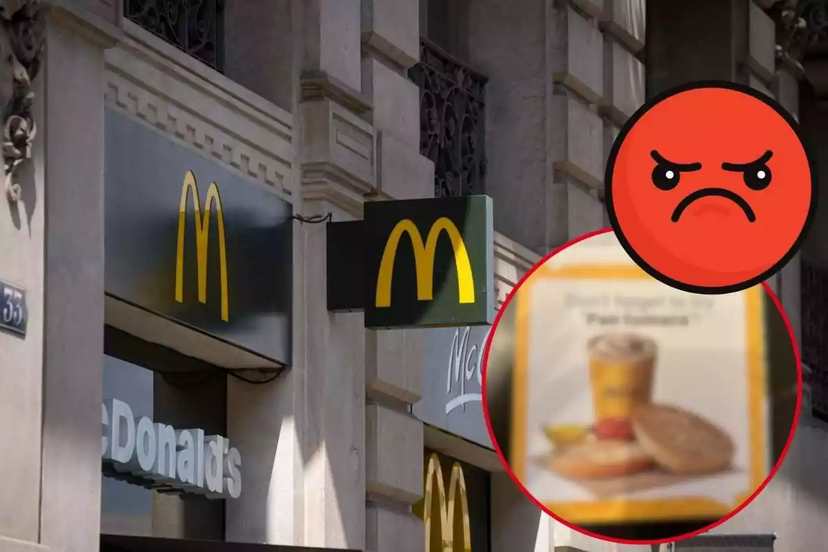 Muntatge d'un restaurant McDonald's, una imatge de pa amb tomàquet desenfocada i un emoji enfadat