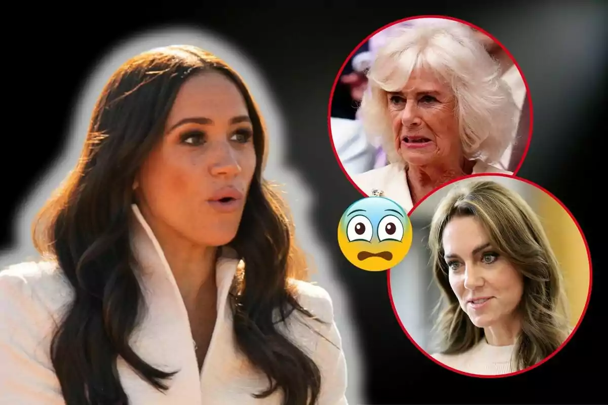 Meghan Markle with a surprised expression in the foreground and Queen Camilla and Kate Middleton in red circles in the top right corner, with a surprised face emoji between them.