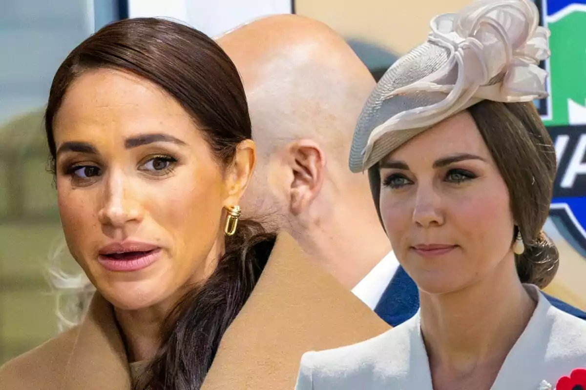 Meghan Markle i Kate Middleton amb expressions serioses, una porta un abric marró i l'altra un barret elegant, amb un home calb de fons.