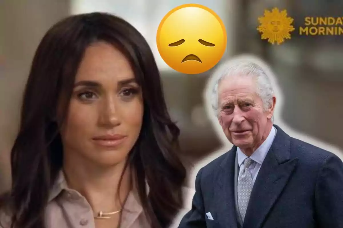 Meghan Markle i Carles III apareixen a la imatge amb un emoji de cara trista i el logotip d'un programa de televisió.