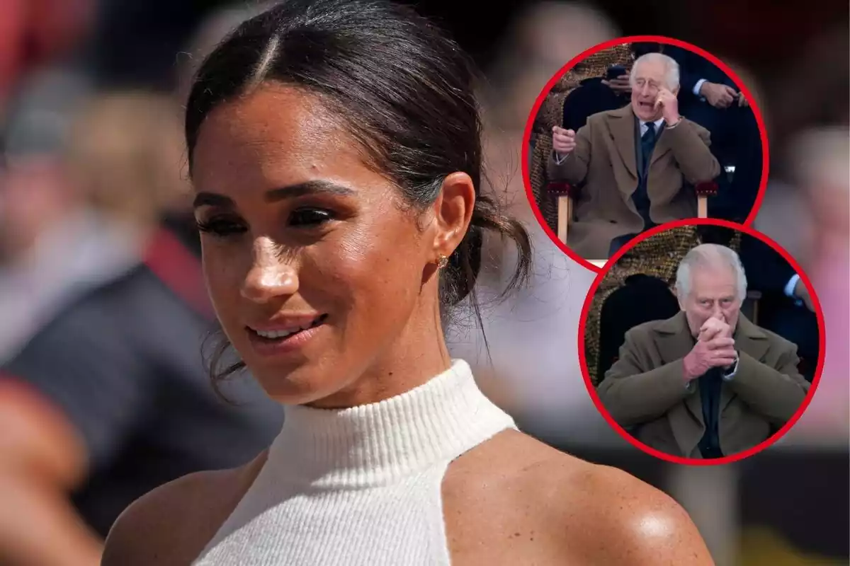 Muntatge amb foto gran de Meghan Markle en primer pla i dues fotos del Rei Carles III on se'l veu molt expressiu