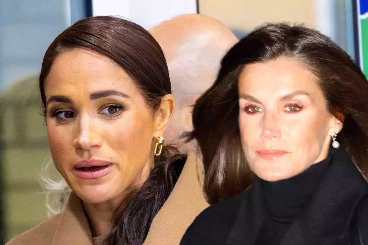 Muntatge de Meghan Markle amb els cabells recollits mirant de banda i Letizia seria amb un coll alt negre