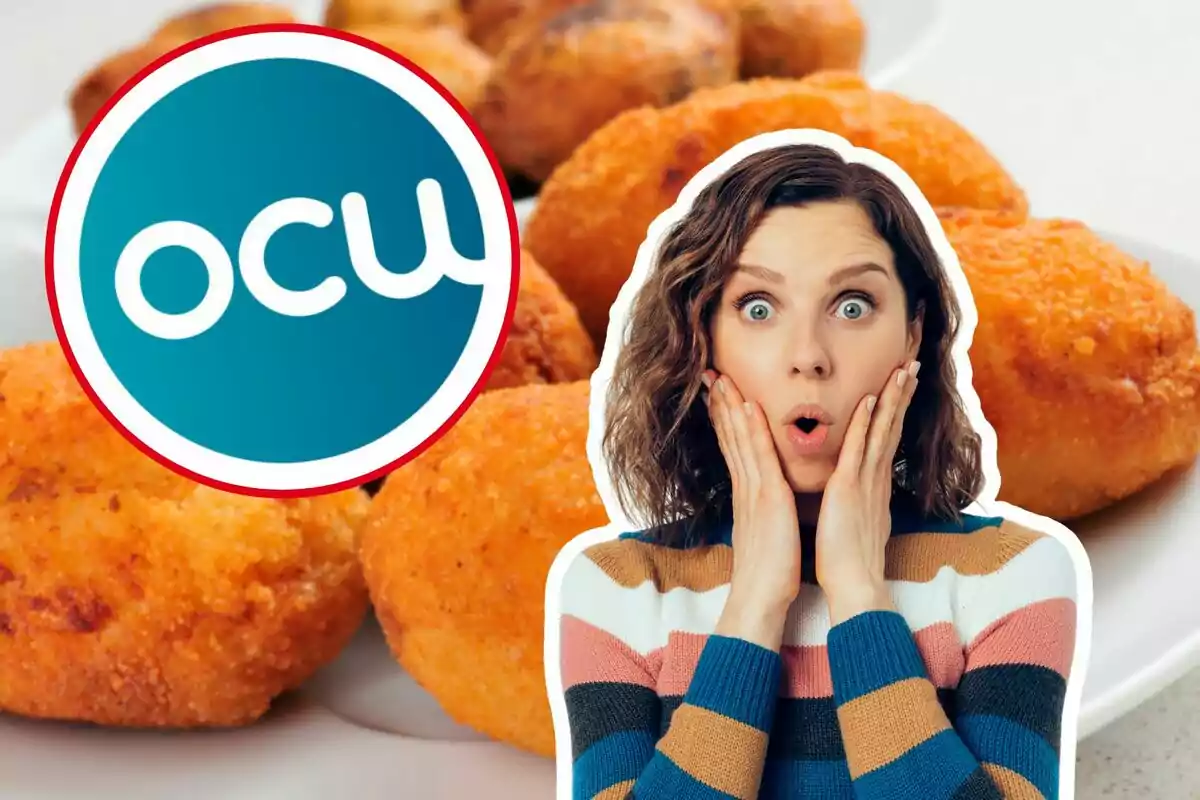 Dona sorpresa davant d'un plat de croquetes amb el logotip d'OCU superposat.