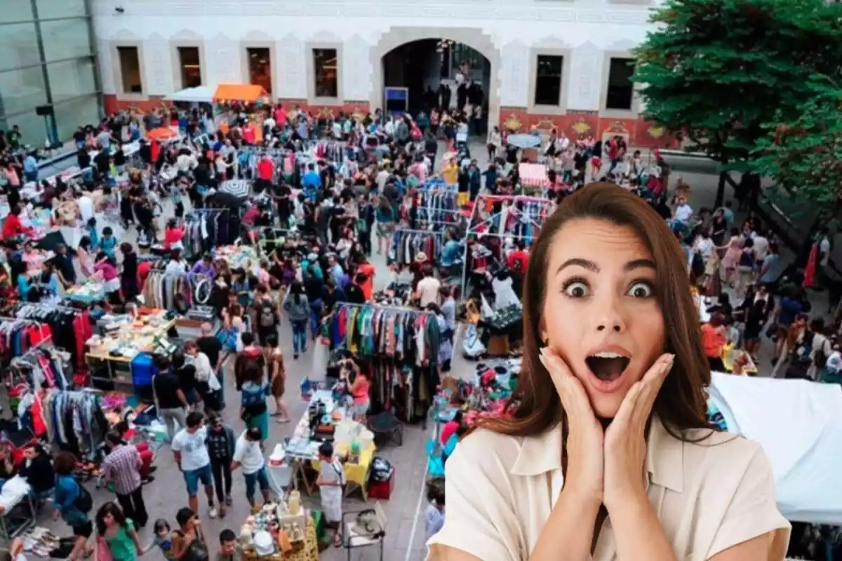 Muntatge amb un mercat ambulant de Barcelona des de dalt i una noia amb cara de sorpresa
