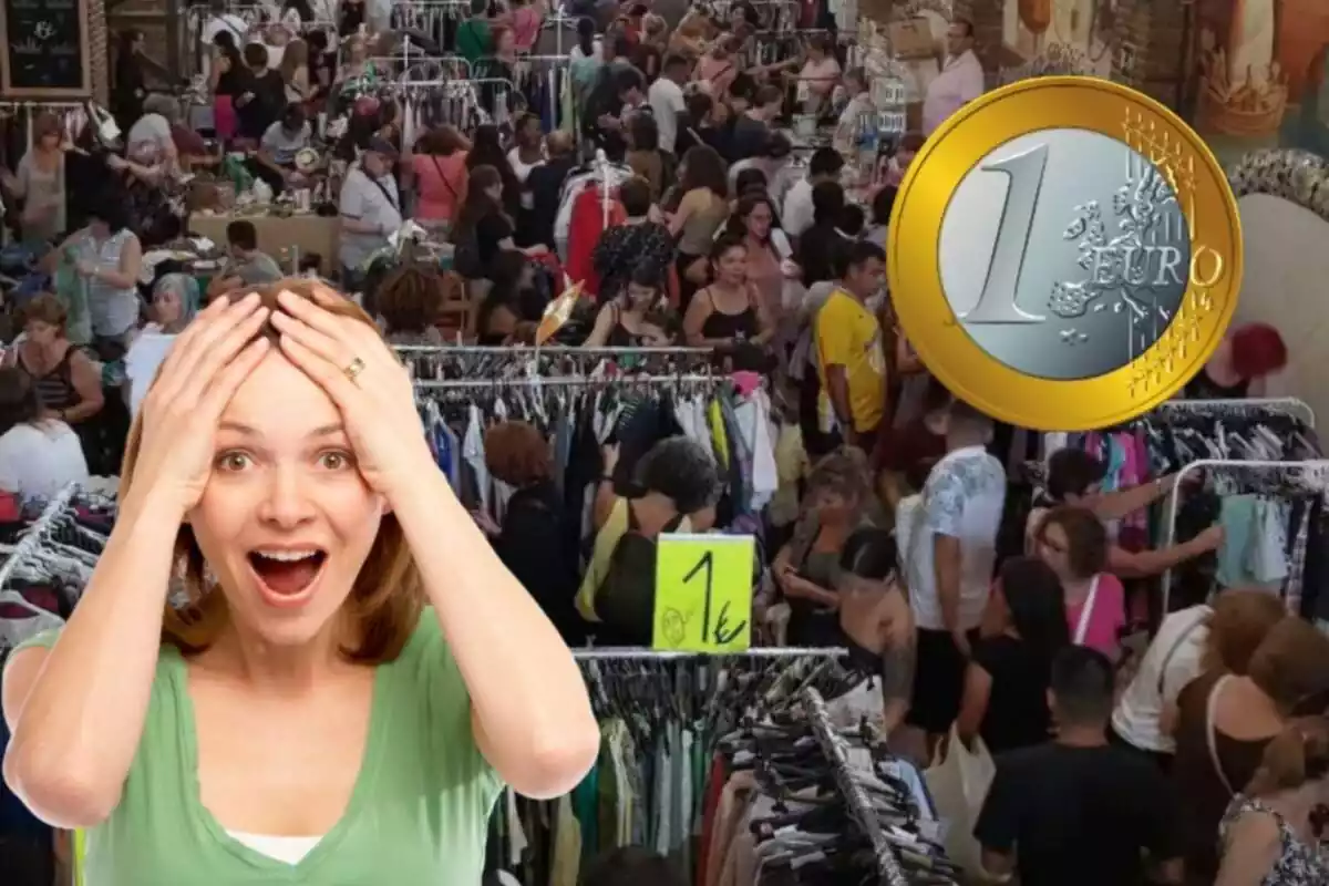 Muntatge d'un mercat ambulant de roba, una noia sorpresa amb les mans al cap i una moneda d'euro