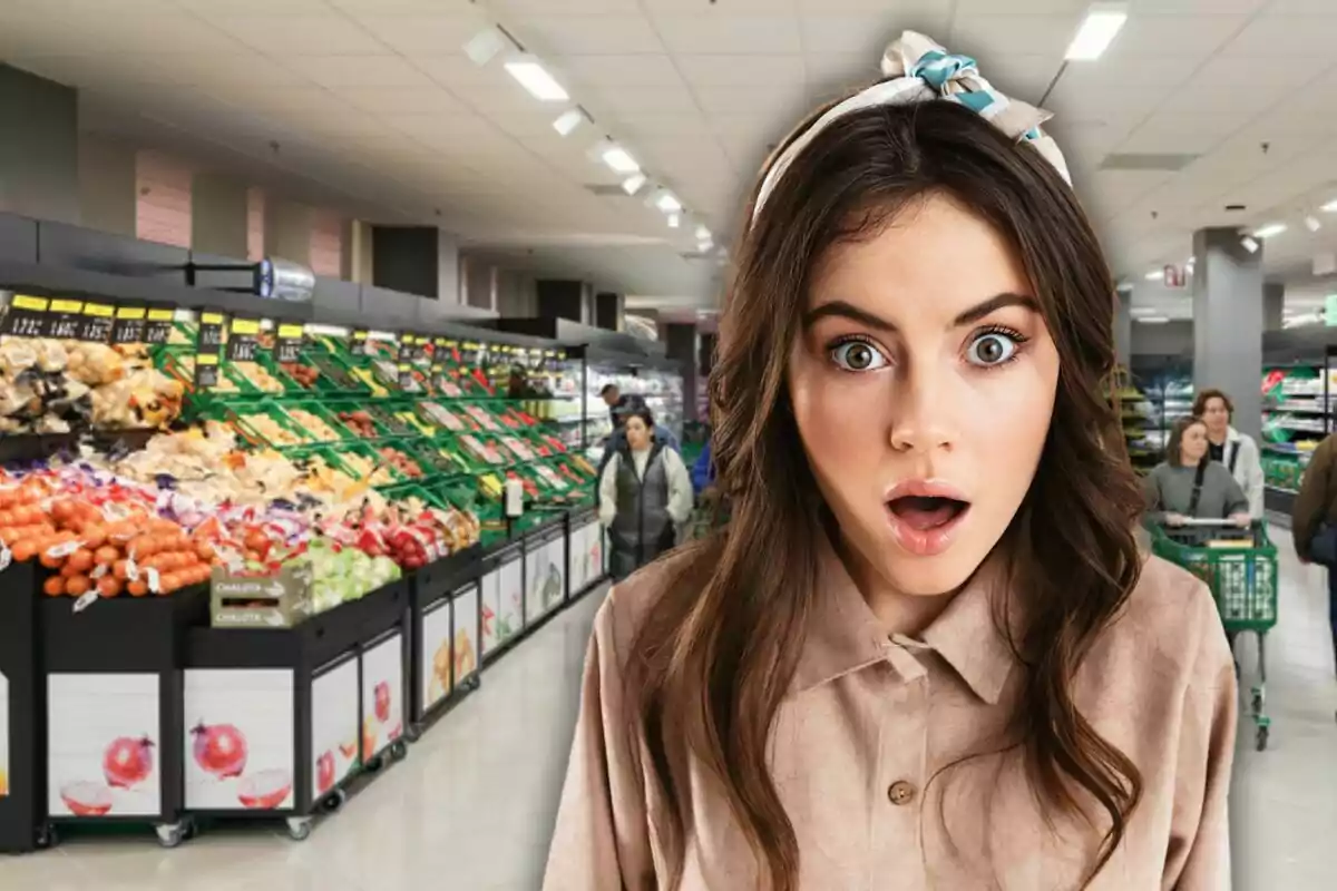 Una mujer con expresión de sorpresa en un supermercado lleno de frutas y verduras. Una mujer con expresión de sorpresa en un supermercado lleno de frutas y verduras.