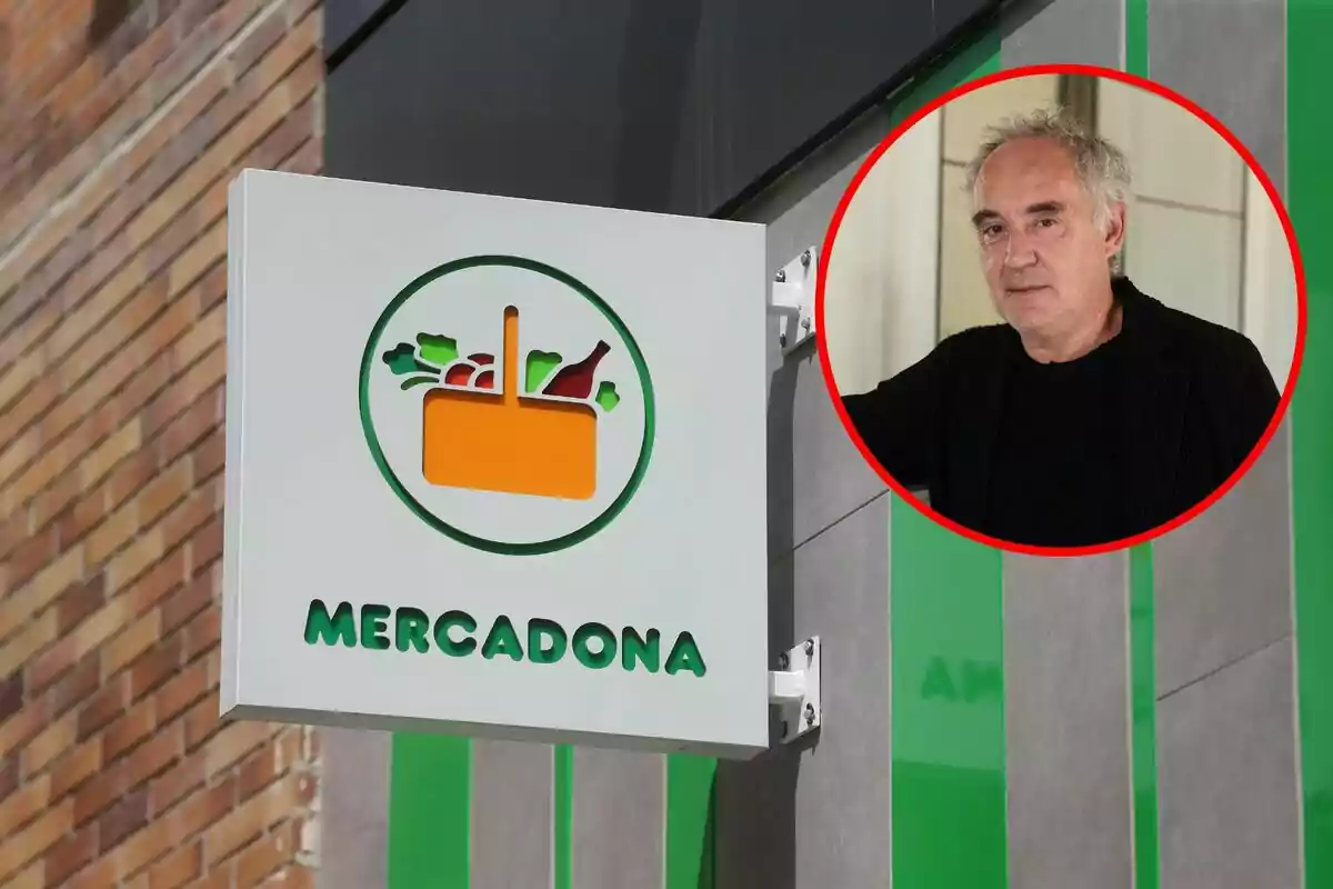 Cartell de Mercadona a una paret de maó amb la imatge d'una persona en un cercle vermell superposada.