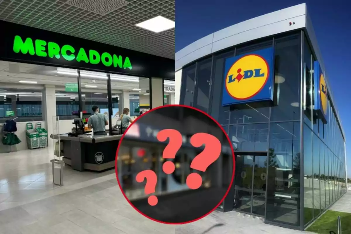 Dos imágenes de Mercadona y Lidl, uno con el letrero de Mercadona y otro de Lidl, con un círculo rojo en el centro que contiene signos de interrogación.