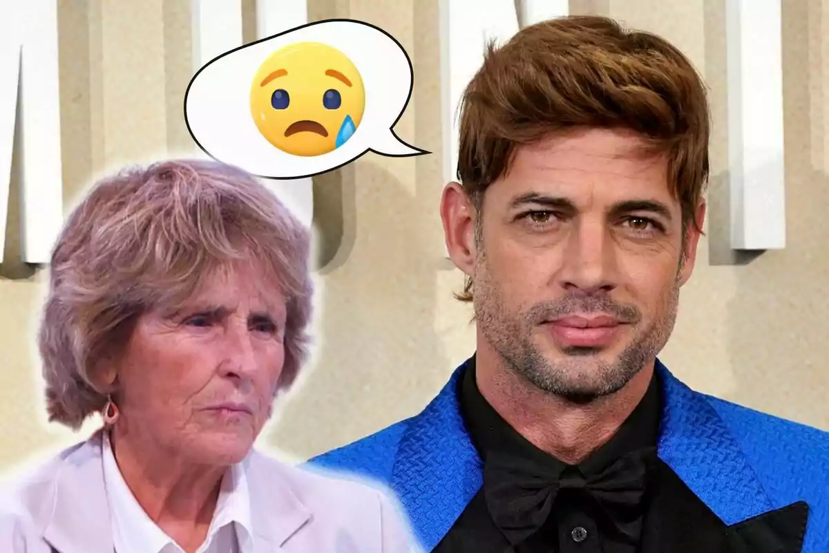 Mercedes Milá amb expressió seriosa i William Levy amb vestit blau, amb un emoji de cara trist amb una llàgrima.