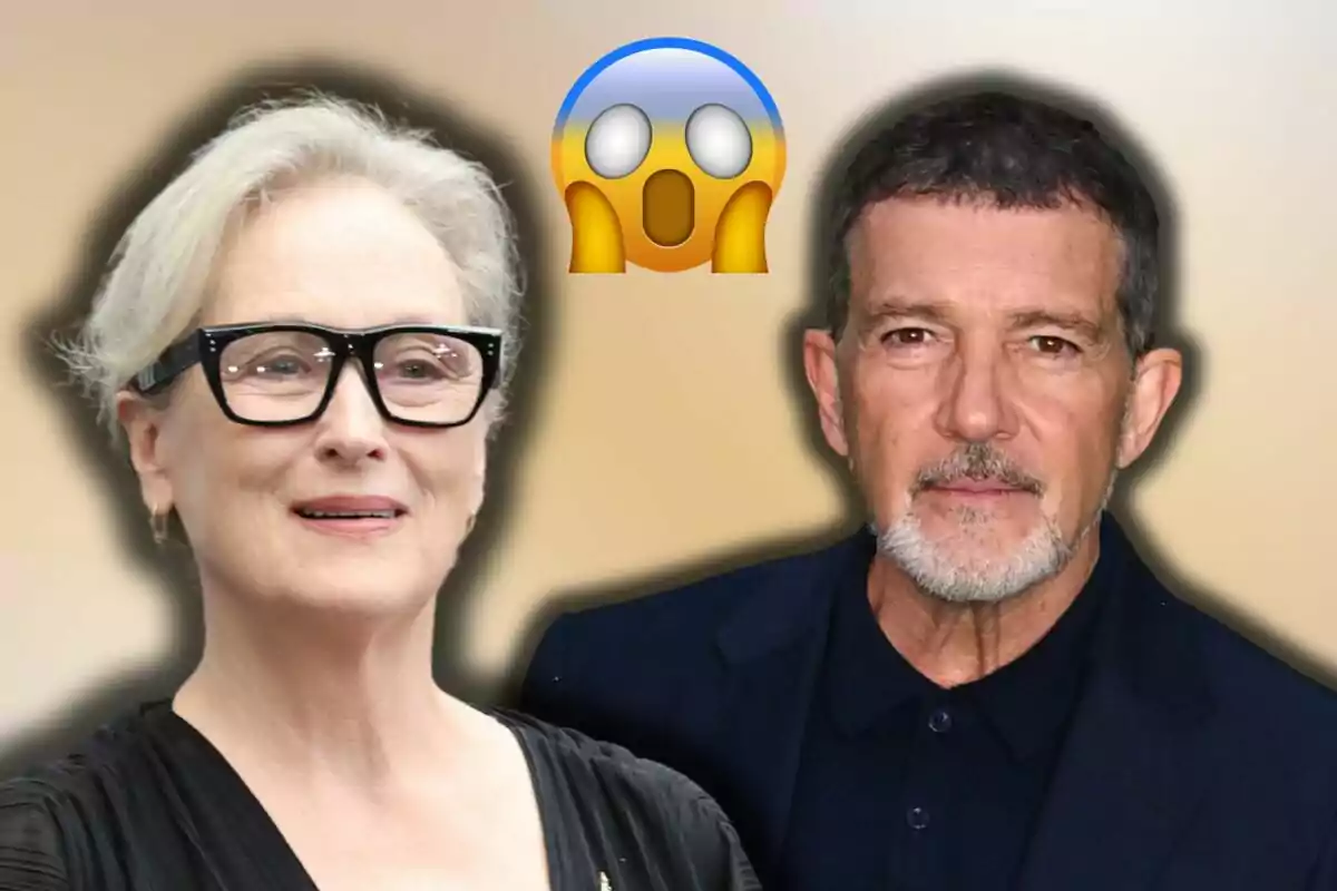 Meryl Streep and Antonio Banderas posing together with a surprised emoji above.