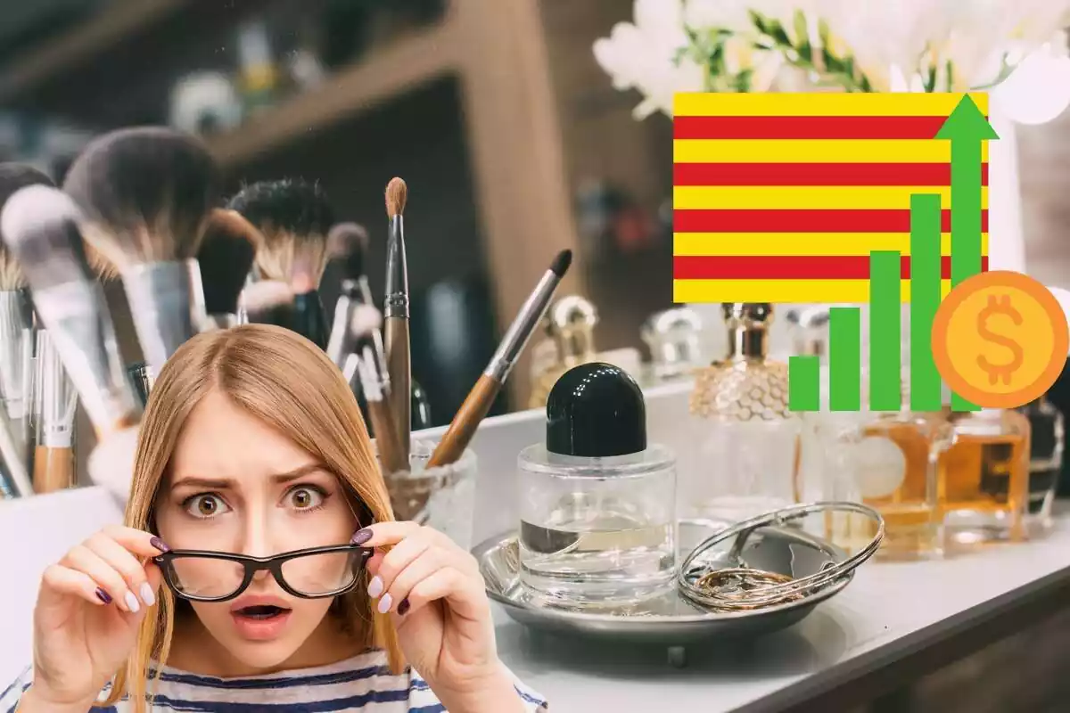 Muntatge d´una taula amb pinzells de maquillatge i perfums, la bandera de Catalunya. un gràfic positiu de diners i una noia sorpresa amb les ulleres baixades