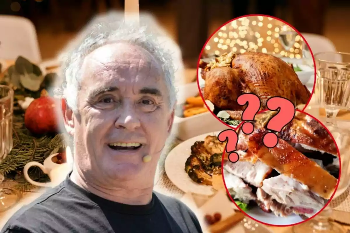 Ferran Adrià somrient amb un micròfon a l'orella apareix davant d'una taula decorada amb menjar nadalenc, incloent un gall dindi rostit i un plat de carn amb signes d'interrogació superposats.