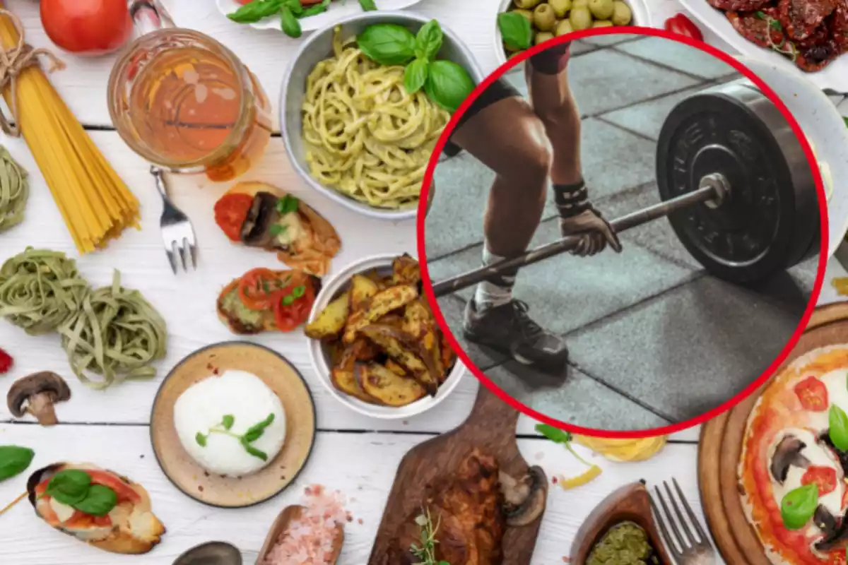 Muntatge amb una taula amb diversos plats de menjar i un cercle amb una persona usant un pes en un gimnàs