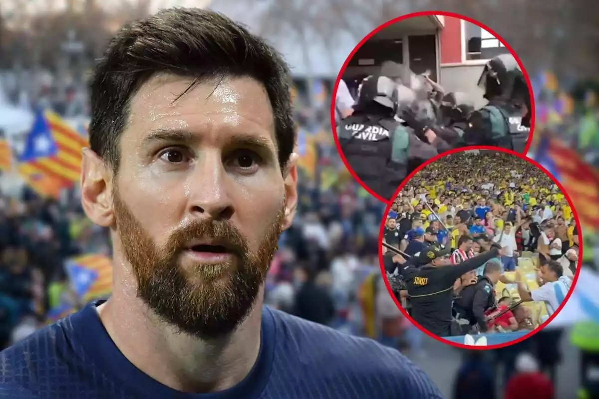 Muntatge de Messi amb una imatge de les càrregues policials de l'1-O i una altra de les càrregues policials al Brasil-Argentina