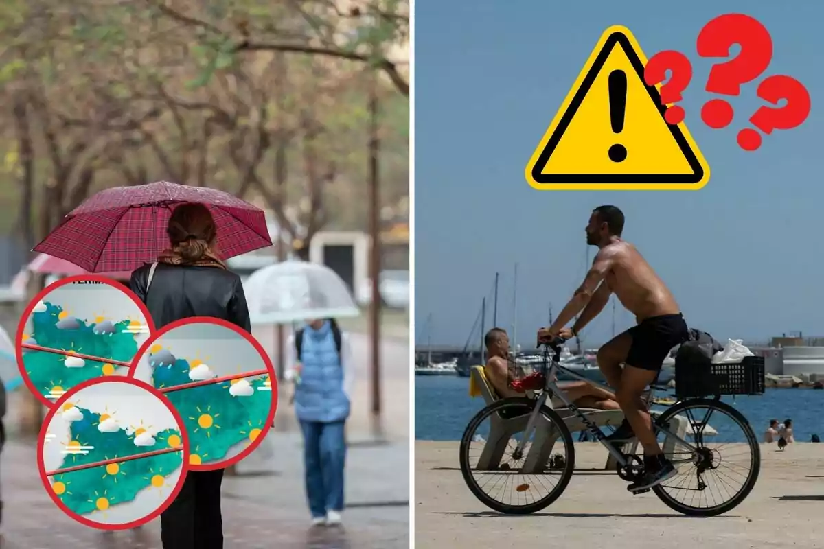 Una imatge dividida en dues parts: a l'esquerra, una persona amb un paraigua vermell camina davall la pluja, amb gràfics del clima mostrant diferents condicions meteorològiques; a la dreta, un home sense camisa munta una bicicleta en un dia assolellat a la vora del mar, amb un signe d'advertència i signes d'interrogació.