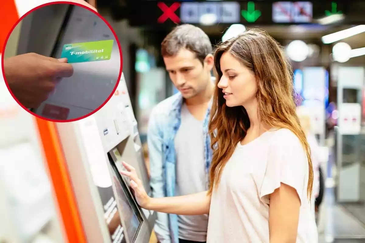 Muntatge de joves comprant bitllet per pujar al metro de Barcelona i cercle amb una mà sostenint un bitllet de Barcelona