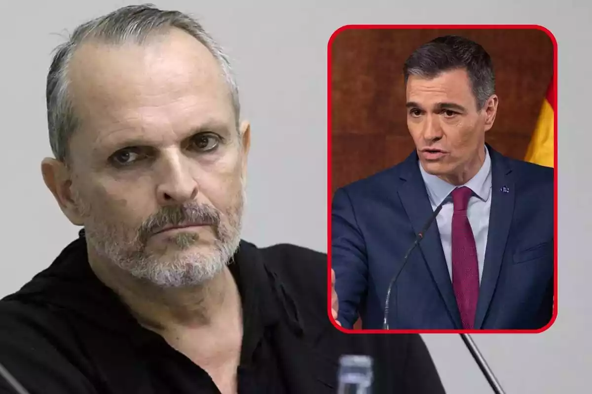 Muntatge de Miguel Bosé seriós i Pedro Sánchez en roda de premsa