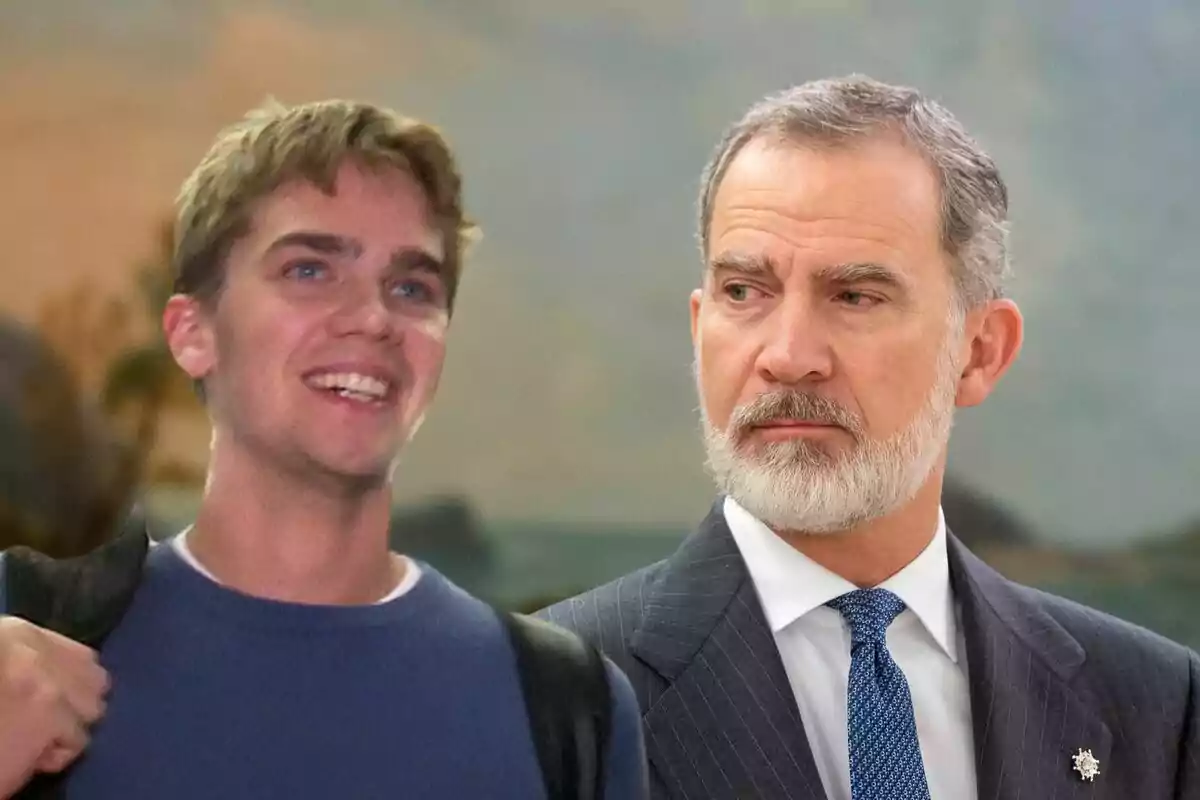 Miguel Urdangarin somrient amb una motxilla al costat de Felip VI amb barba i vestit.