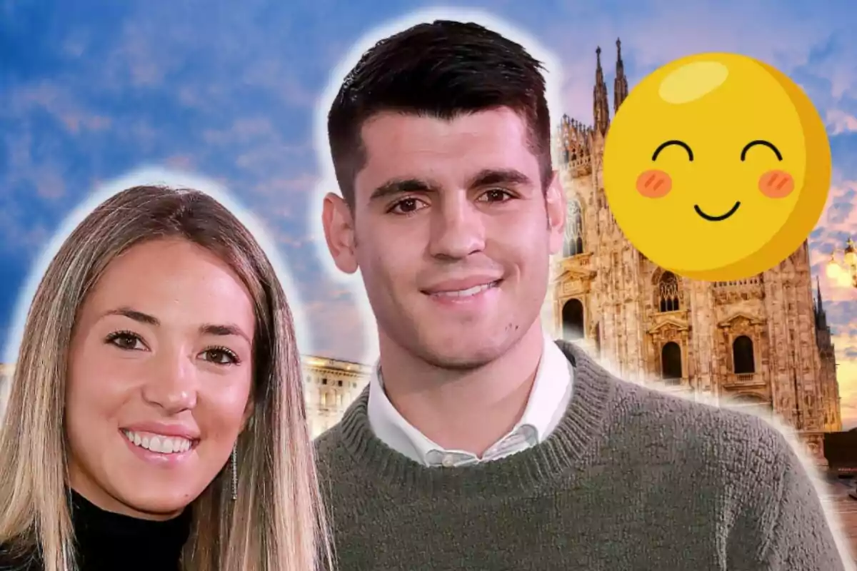 Alice Capello and Álvaro Morata smiling in front of a historic building with a happy emoji next to them.