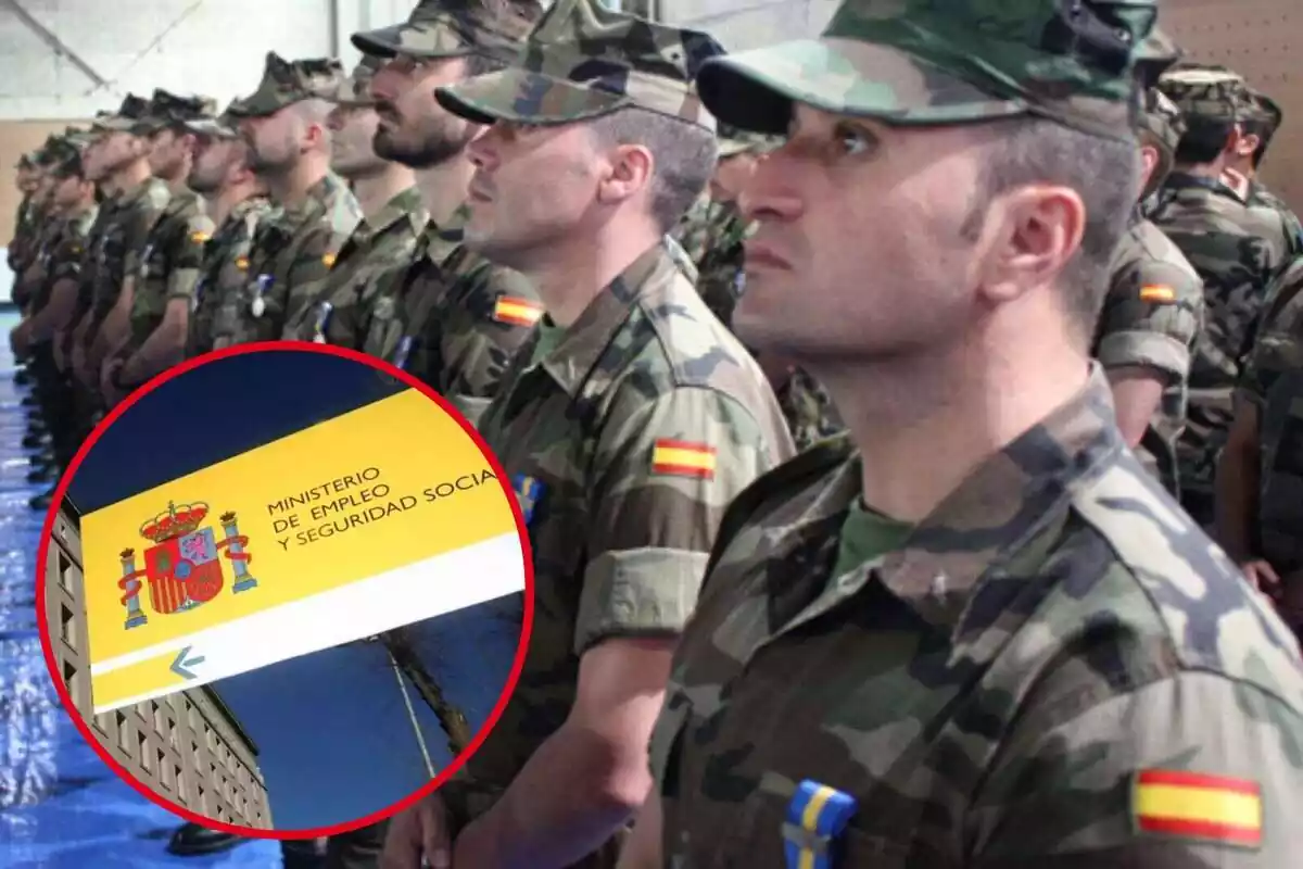 Muntatge amb diversos militars en fila amb uniforme i un cercle amb el cartell del Ministeri d'Ocupació i Seguretat Social