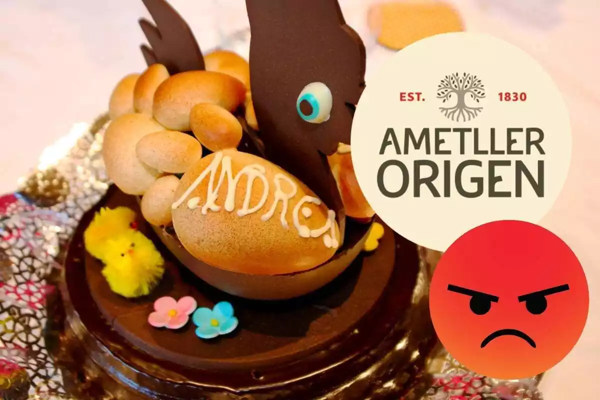 Muntatge d'una mona de Pasqua de xocolata, el logotip d'Ametller Origen i un emoji enfadat