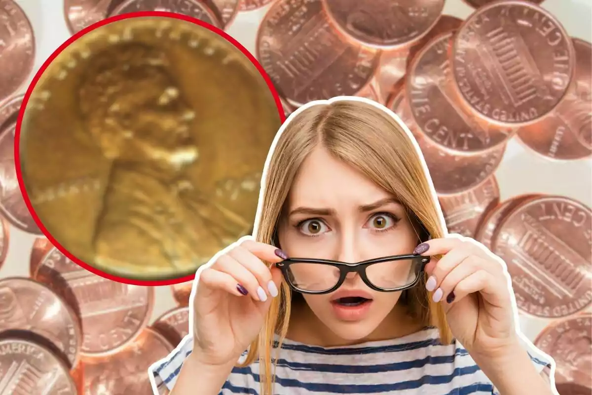 Una mujer con expresión de sorpresa sostiene sus gafas frente a un fondo de monedas de un centavo, con un primer plano de una moneda en un círculo rojo.