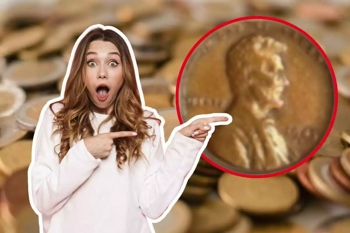 A woman with a surprised expression points to an enlarged coin against a background of blurred coins.