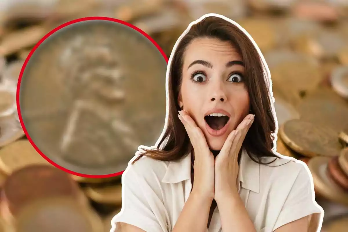 A woman with a surprised expression in front of a background of coins with a focus on a specific coin.